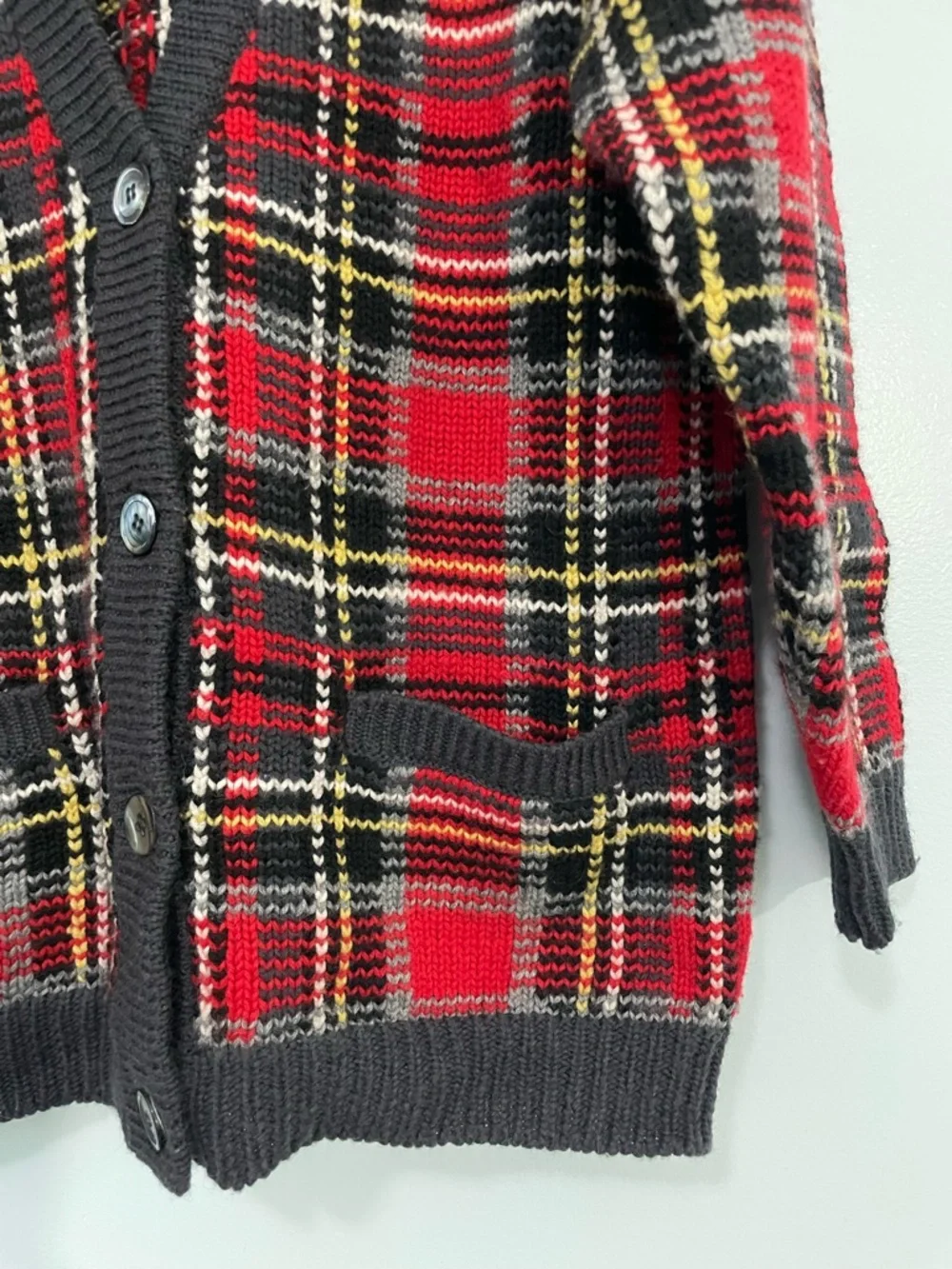Vintage Wool Red Plaid Button-Up Cardigan with charcoal Trim M
